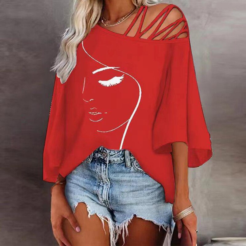 Retro Abstract Print Women Tee Shirts Spring Skew Collar Bandage Hollow Top Pullover Autumn Half Sleeve Office Lady T-shirt