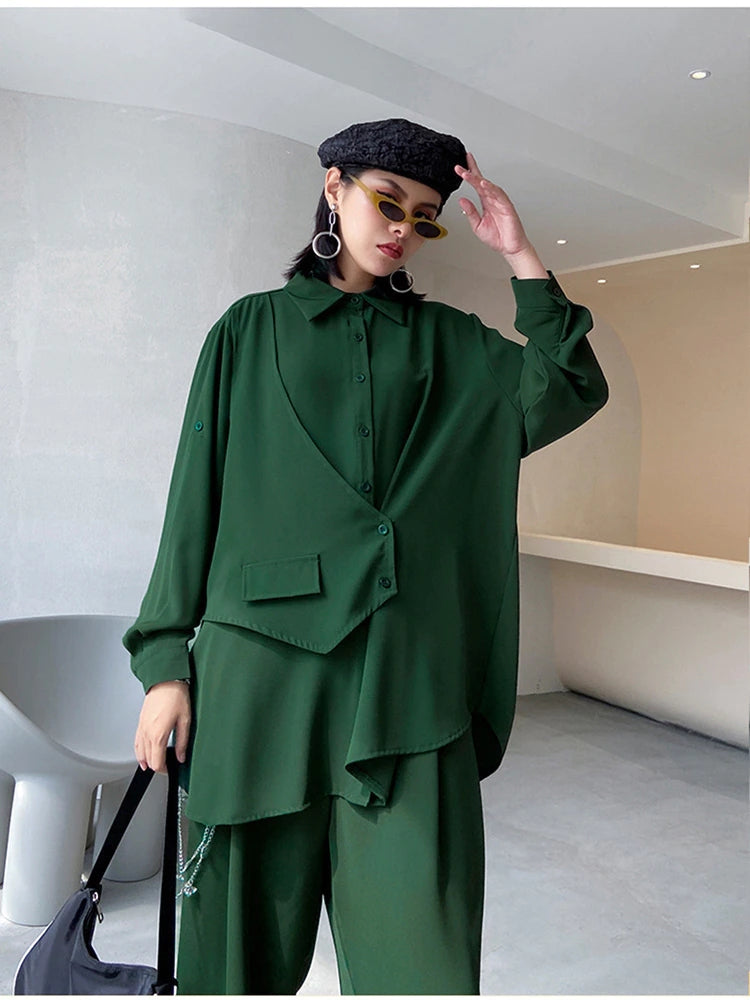 sixsr Wide Leg Pants Irregular Big Size Two Piece Suit New Lapel Long Sleeve Loose Fit Women Fashion Spring Autumn