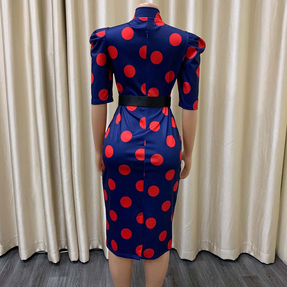 Elegant Office Dresses for Ladies Business Dot Printed High Waisted Short Sleeve Mid Calf Fashion Work Wear Cloth Dress OL