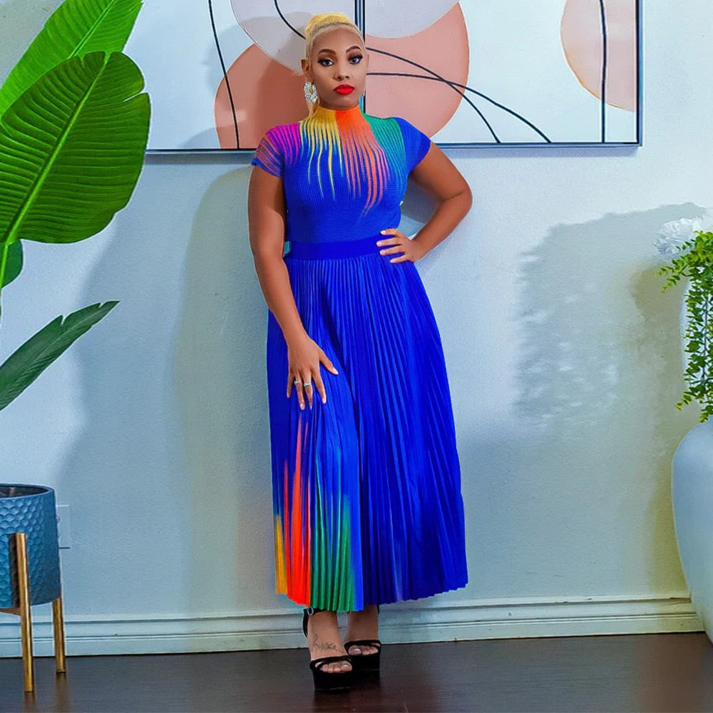 Long Pleated Dress Sets Women 2 Piece Outfits Summer Short Sleeve Gardient Print Swing Skirt Set Elegant Casual New In