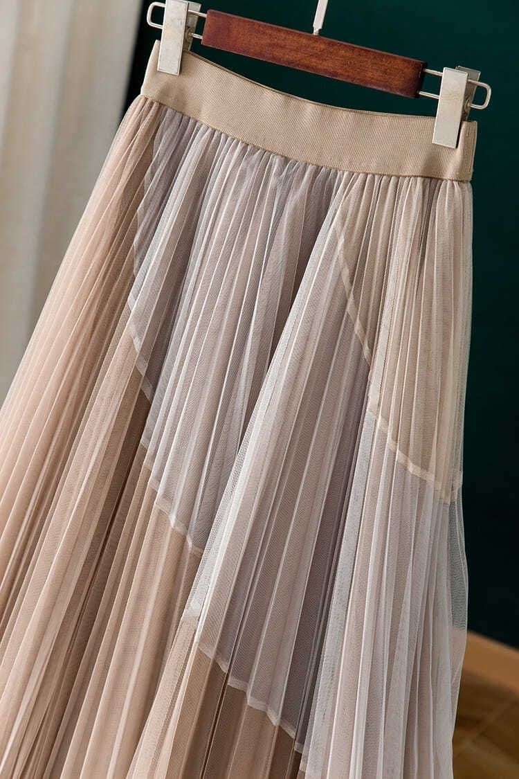 Sixsr Gauze Patchwork Pleated Midi Skirts Spring Summer New Fashion Streetwear Casual Elastic High-waisted Women's Skirt