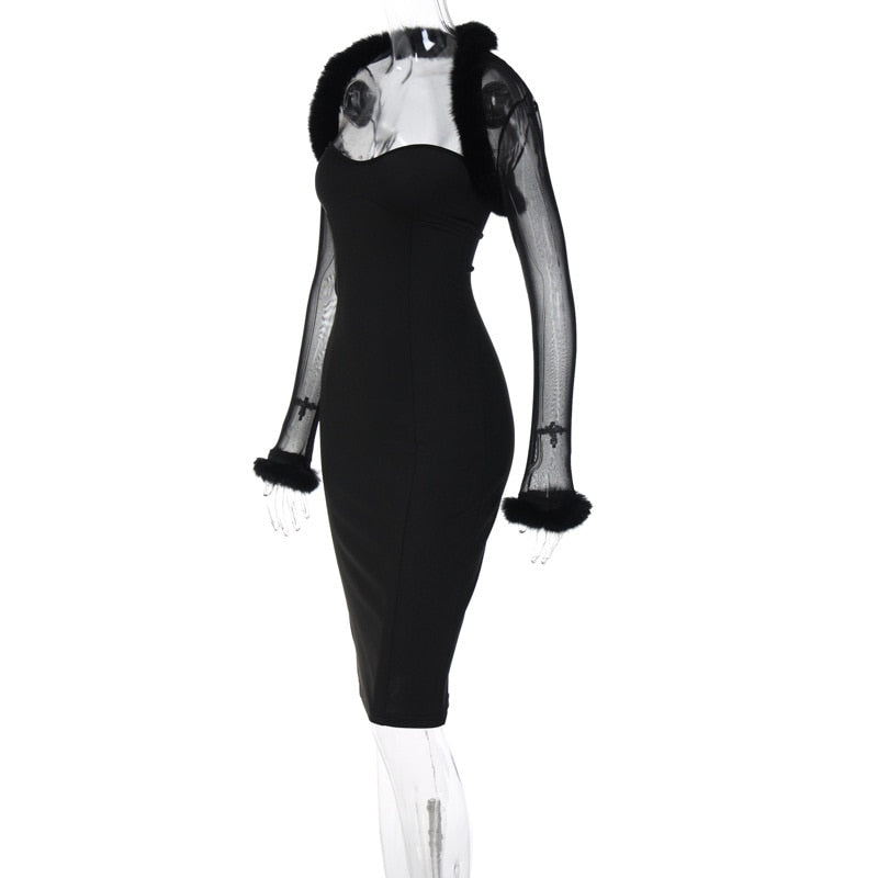 sixsr Black Villus Sexy Dress Women New Long Sleeve Bodycon Midi Autumn Winter Dress Elegant Club Party Dresses Vestido