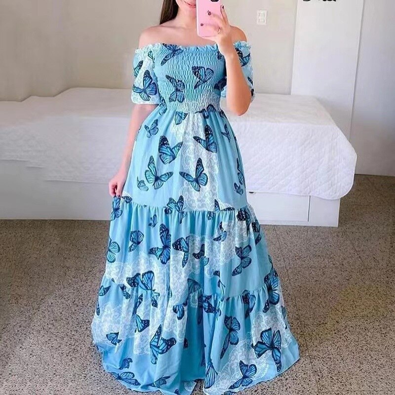 Women's Butterfly Summer Dress Tube Top Short Sleeve Ruffle Hem A Line Date Night Robes Vacation Bohemian Maxi Dresses XXXL