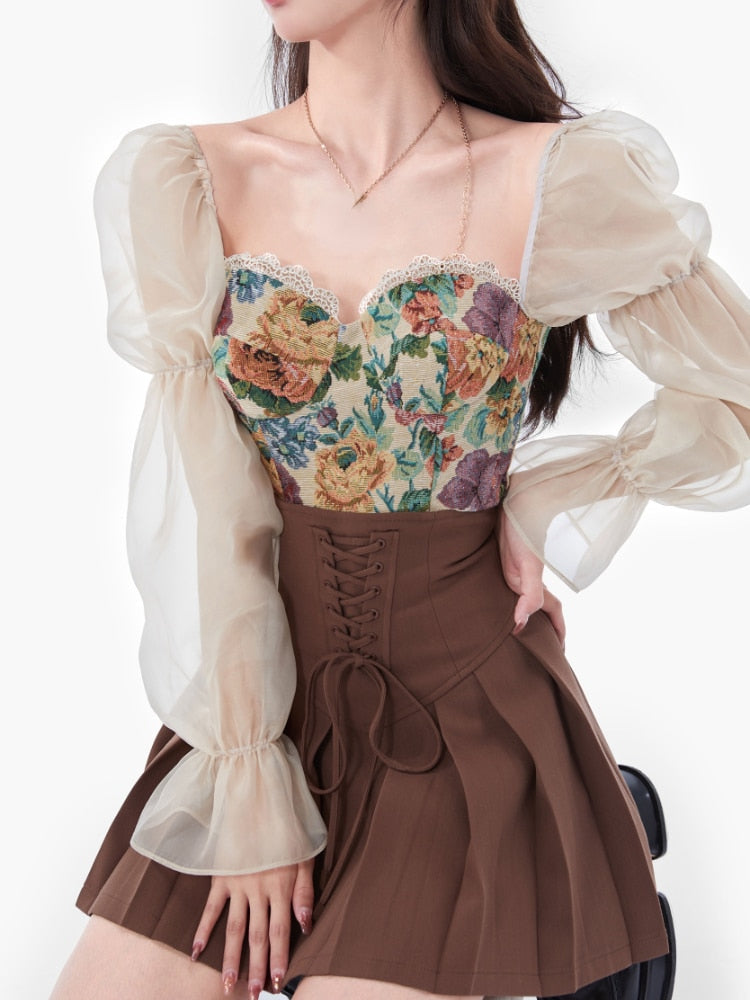 Vintage Corset Tops + Mini Skirts 2 Piece Dress Set Women Elegant Blouse Y2k Crop Top Evening Party Fashion Suits Summer