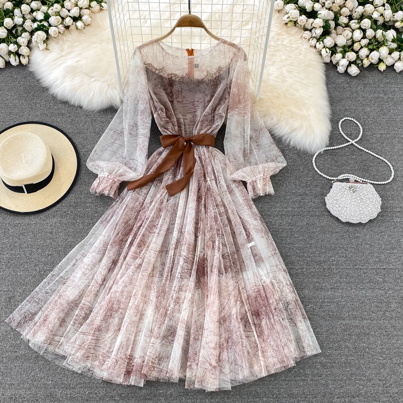 Sixsr Sexy Mesh Printed Dress Women Spring Autumn Round Neck Puff Long Sleeve Ink Pattern A-Line Big Swing Vestidos Female New