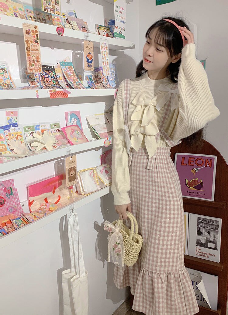 Sixsr Spring Japanese Kawaii Plaid Strap Skirts Women Sweet Bow Designer Party Midi Skirt Female Casual Korean Fashion Cute Skirt