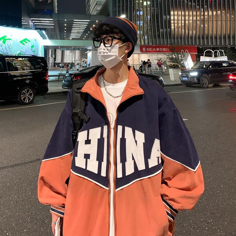 Letter retro baseball uniform jacket men's 2024SS Japan style loose contrast color casual stand collar varsity jacket unisex top