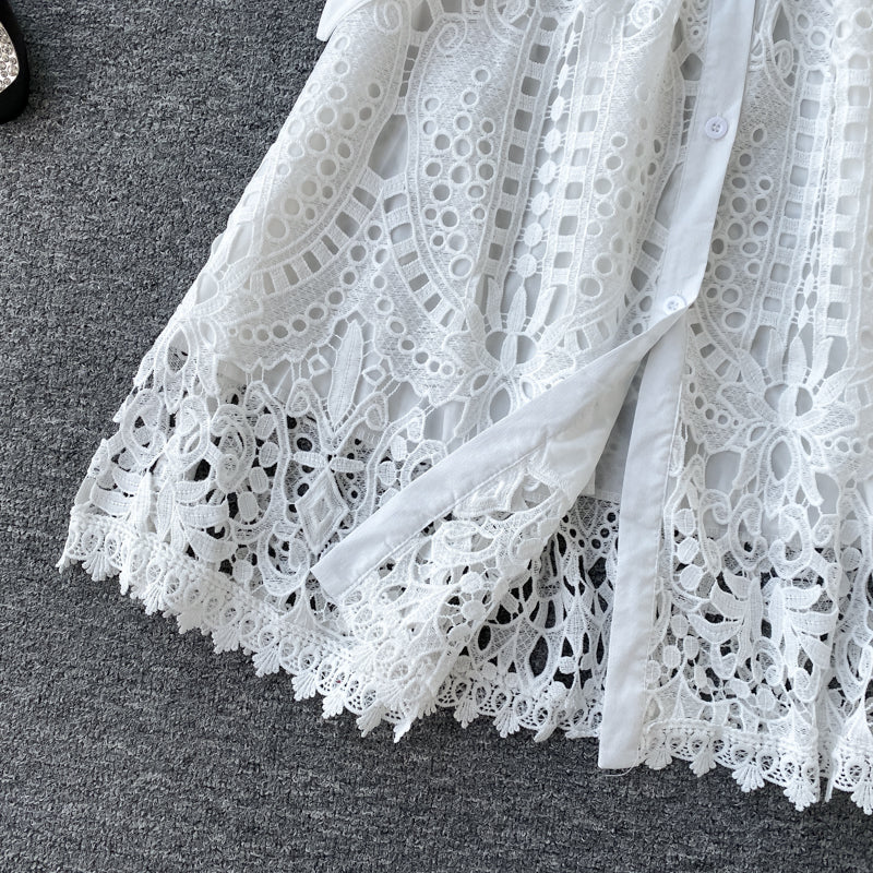 Sixsr Women Elegant Hollow Out Lace Dress Office Lady Summer Solid O-Neck Button up Sashes Midi Dress Female Chic Short Sleeve Dress