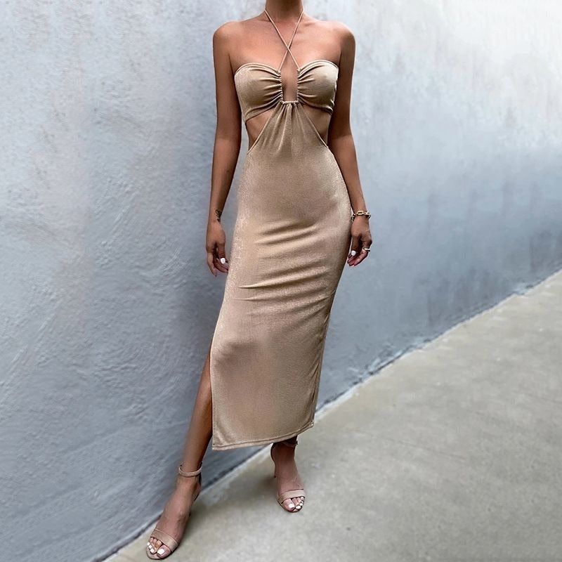 Sexy Hollow Out Corset Maxi Dress Party Dress Women Halter Cut Out Wrap Split Long Dresses Summer Backless Clubwear Midi Robe