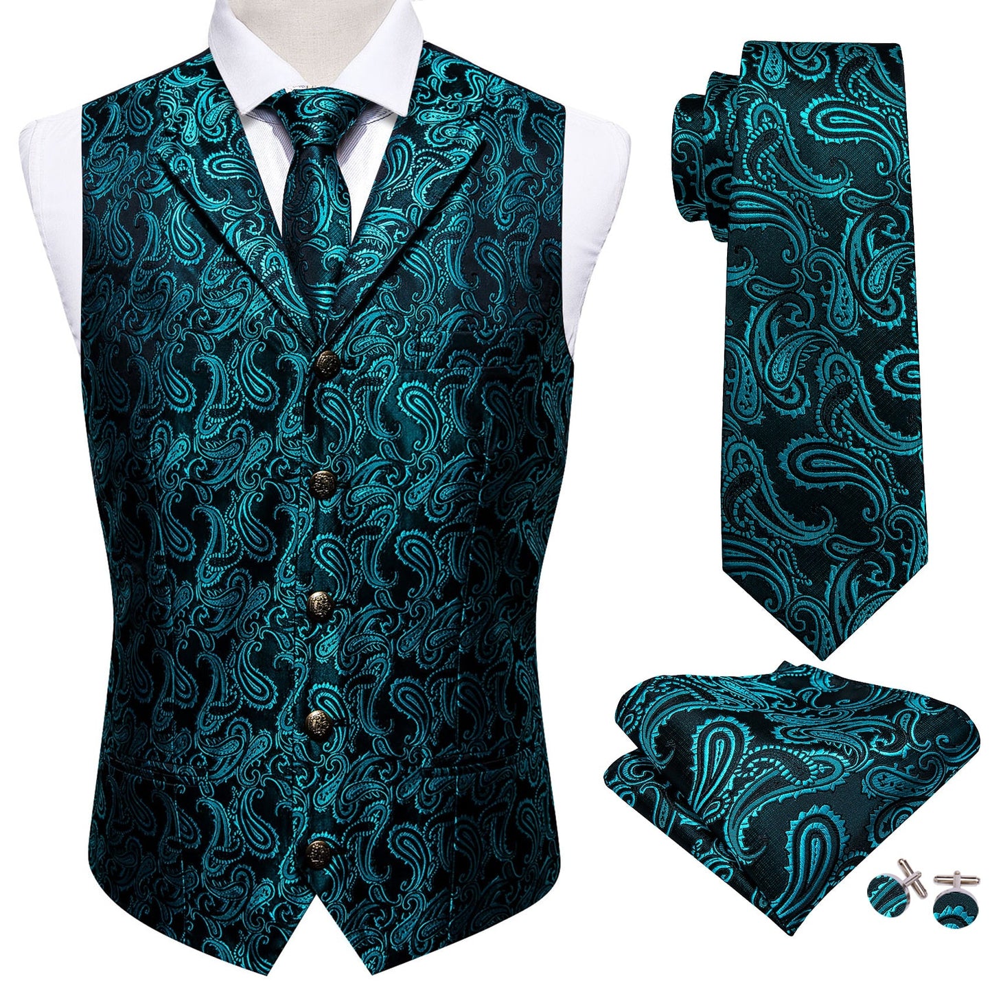 Sixsr 4PC Mens Extra Silk Vest Party Wedding Gold Paisley Solid Floral Waistcoat Vest Pocket Square Tie Suit Set Barry.Wang BM-2017