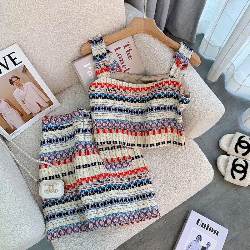 Summer Elegant Sexy Tweed Stripe 2 Piece Set Women Short Vest Crop Top + A-line Skirt Vintage Two Piece Skirt Set Outfits