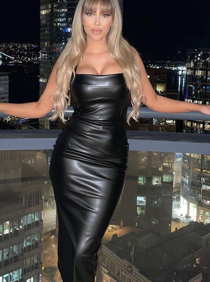 Sleeveless Leather Bodycon Midi Dress Women Summer Sexy Fashion Clothes Elegant Party Evening Nightclub Slim Long Dresses