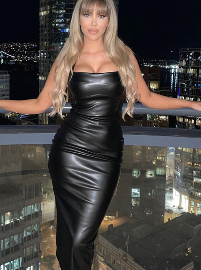 Sleeveless Leather Bodycon Midi Dress Women Summer Sexy Fashion Clothes Elegant Party Evening Nightclub Slim Long Dresses