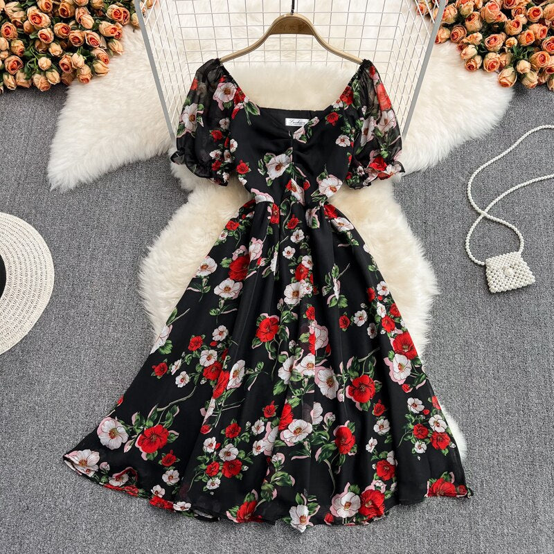 Sixsr Summer Outfits Ladies French Retro V-neck Floral Women Dress Elegant Draped Flowers Short Puff Sleeves Slim Fairy Mid-calf A-line Dress