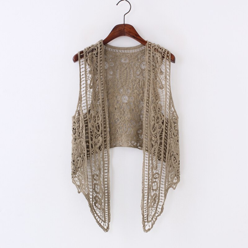 sixsr Asymmetric Open Stitch Cardigan Summer Beach Boho Hippie People Style Crochet Knit Embroidery Blouse sleeveless Vest