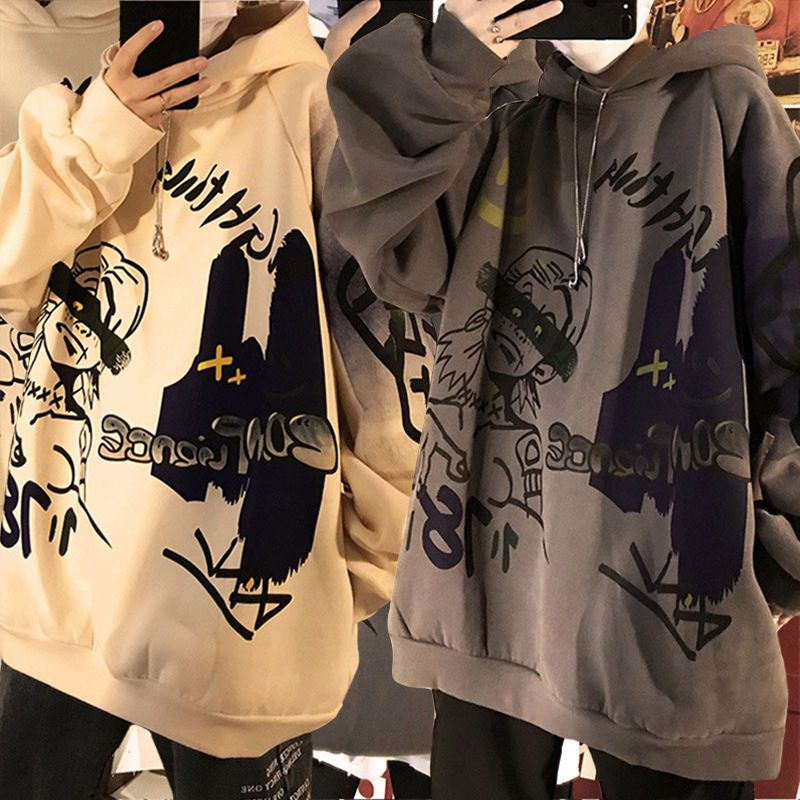 Sixsr Autumn and winter Korean style trend plus fleece hooded sweater men graffiti hip-hop all-match loose printed coat couple sweater