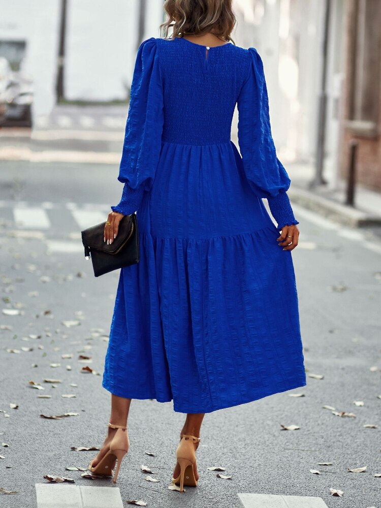 Spring Casual O Neck Lantern Sleeve Dress Women Loose Elegant Solid A-line Dress Lady Simple High Waist Klein Blue Dress