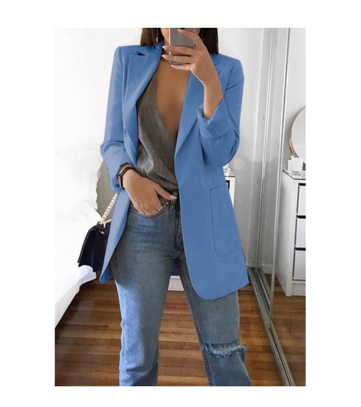 Fashion Korean Casual Women's Blazer Spring Autumn Long Blazer Women Suit Outwear Slim Coats Office Ladies Blazer Work Jacket