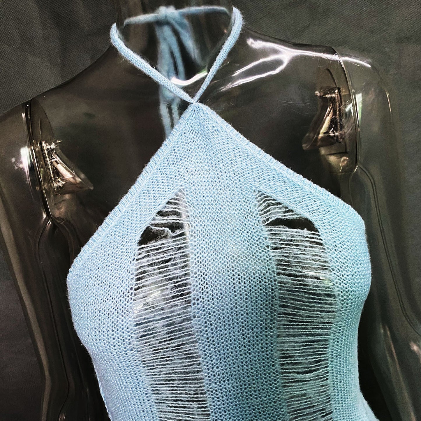 sixsr Knit Sexy Hollow Out Halter Women Dress Black Backless High Waist Mini Dress Women Summer Skinny Fashion Streetwear