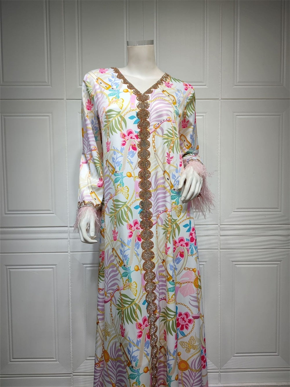 Muslim Woman Dress Moroccan Jalabiya Dubai Rhinestones Beaded V Neck Long Sleeve Feather Patchwork Print Gulf Abayas