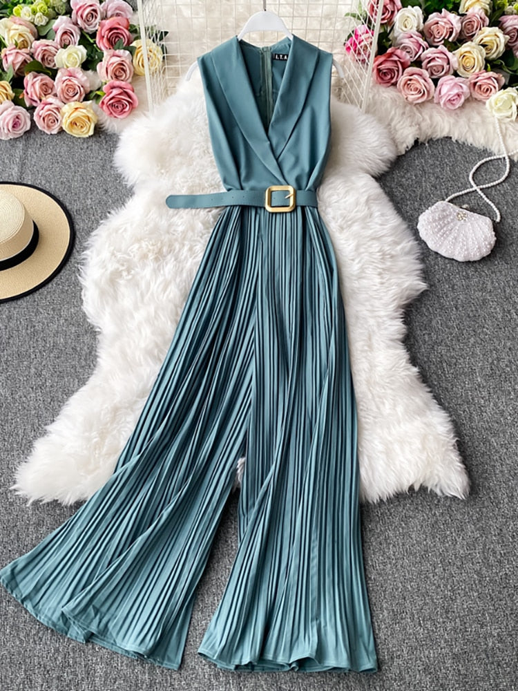 Vintage Notched Collar Draped Rompers For Women Casual Sleeveless High Waist Wide Leg Playsuits Female Beige/Green Jumpsuit