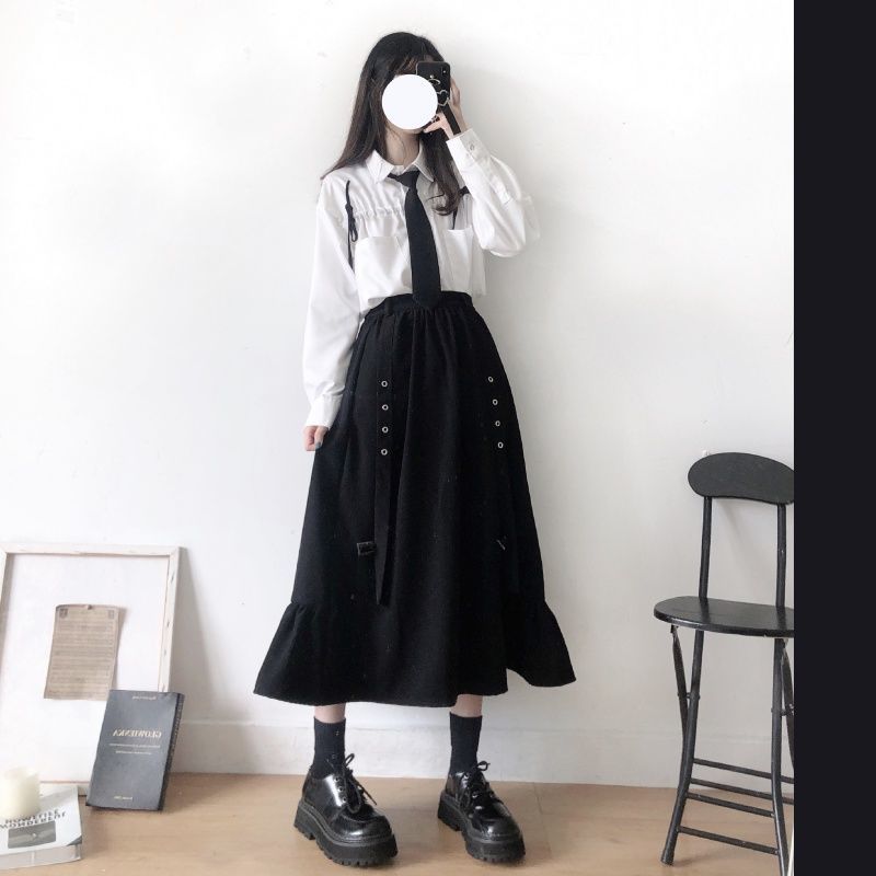Spring/Autumn Women Skirts High Waist Student Korean Style Dark Vintage Ruffle Long A-line Skirts Women Fashion