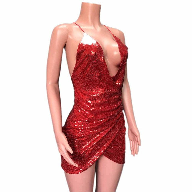 sixsr Sexy Women Sequins Glitter Sparkle Deep V Neck Halter Backless Bodycon Short Mini Dress Evening Party Wrap Hip Package Dress