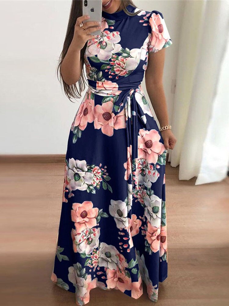 Sixsr Women Summer Long Dress Casual Long Sleeve Boho Floral Print Maxi Dress Turtleneck Bandage Elegant Party Dresses Vestidos