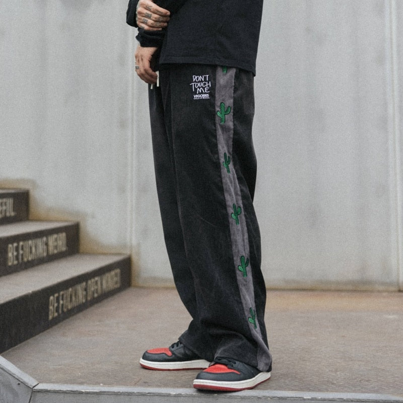 Sixsr American Sweatpants Men and Women Side Stripe Plant Embroidery Joggers Trousers Pants Elastic Waist Straight Baggy Streetwear