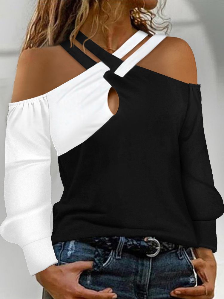 Autumn Winter Colorblock Crisscross Cold Shoulder Top Casual Patchwork Long Sleeve Pullover Blouse Women Clothes