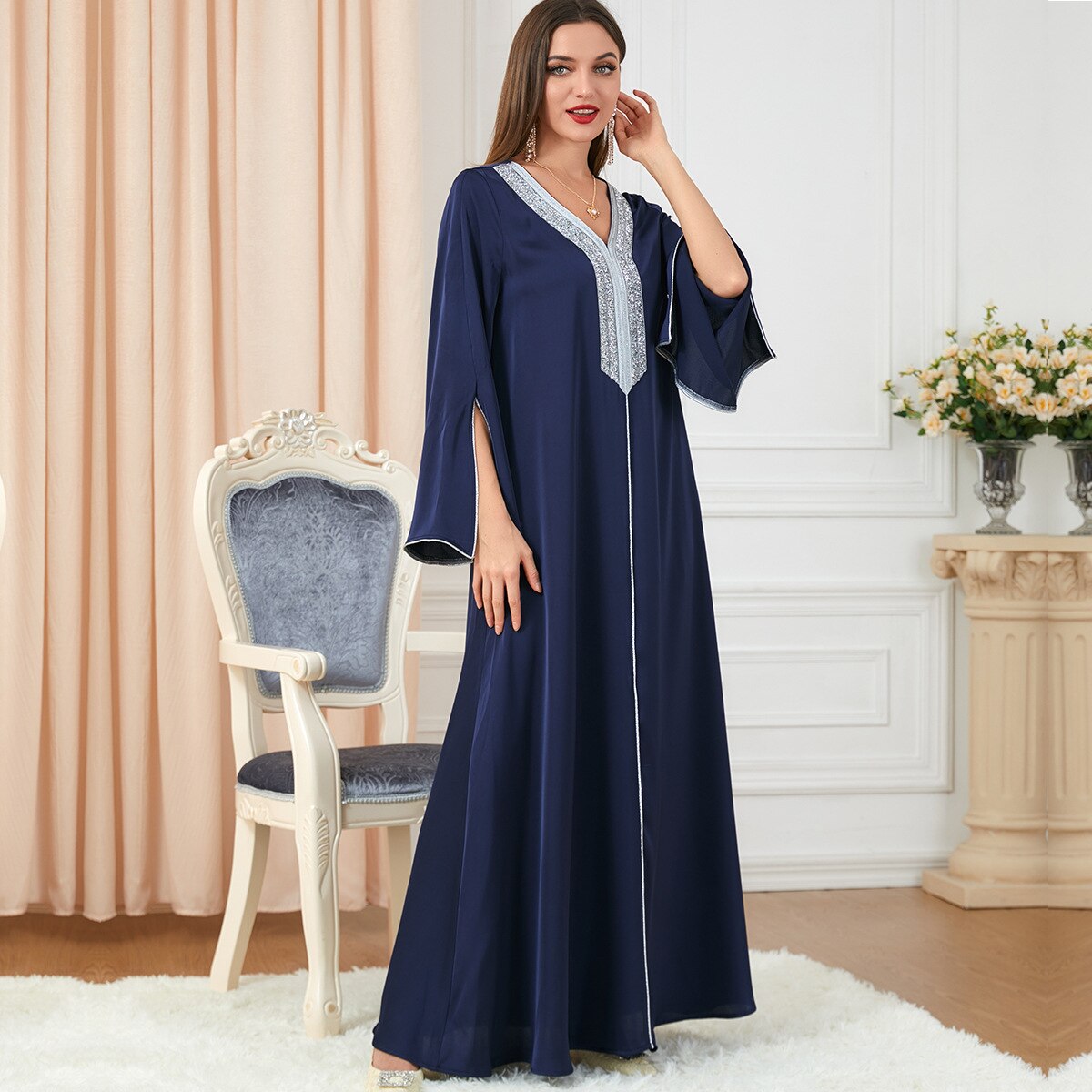 Morocco Party Dress Muslim Women Abaya Prayer Caftan V Neck Diamond Maxi Dresses Robe India Abayas Dubai Longue Vestidos Largos
