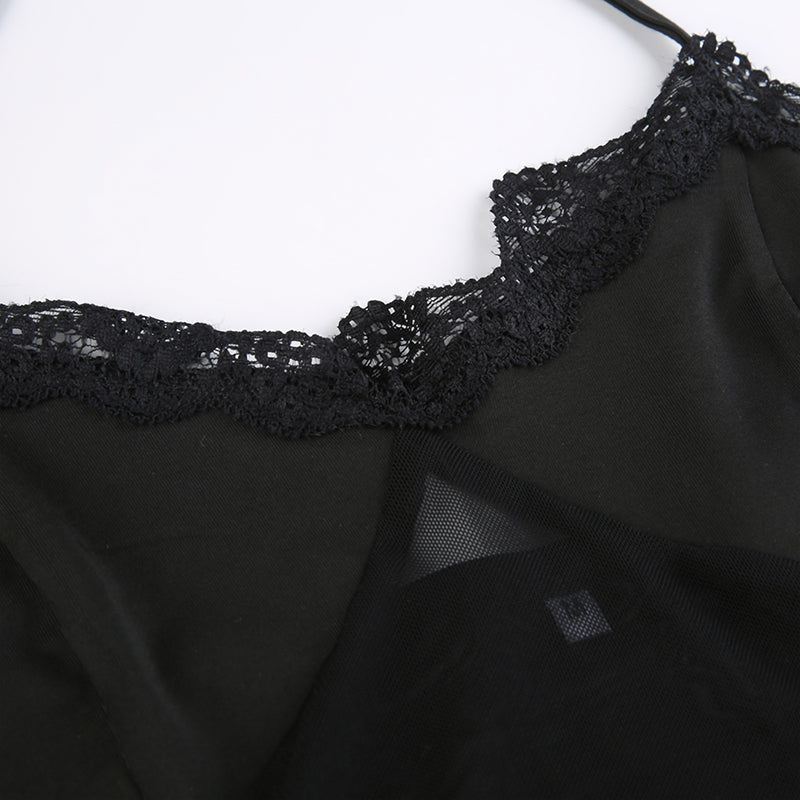 sixsr Hot Sell Slash Neck Sexy Black Mesh T-Shirts Women Lace Patchwork Rave Goth Clubwear Backless Halter Tie Up Spaghetti Strap Tops