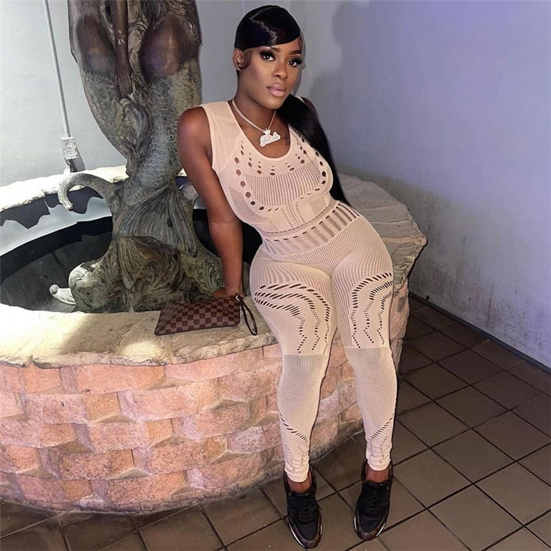 sixsr Hollow Out Knitted Mesh Jumpsuits Women Sexy See Through Long Sleeve Hipster Stretchy Skinny Overalls Clubwear Romper