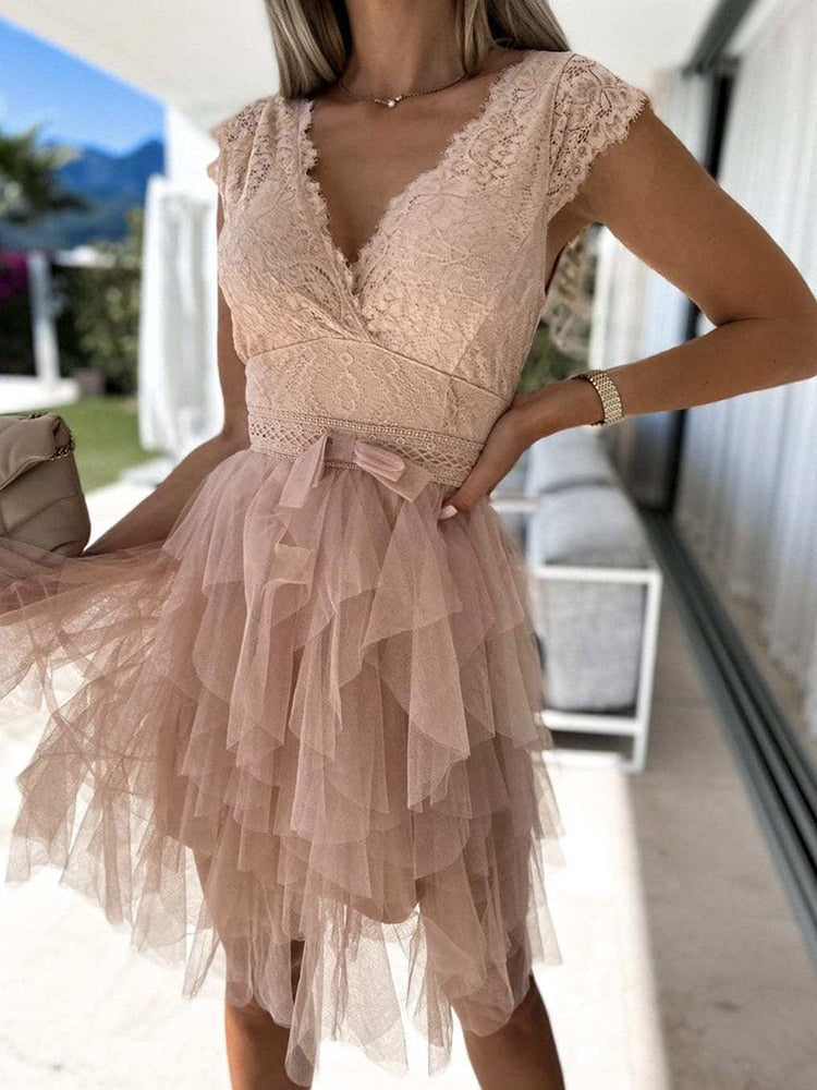 sixsr Hot Sale Lace Patchwork Asymmetrical Black Dress Femme Sexy Sleeveless Slim Fit Party Dress Solid Summer Backless V Neck Hollow Out Dress