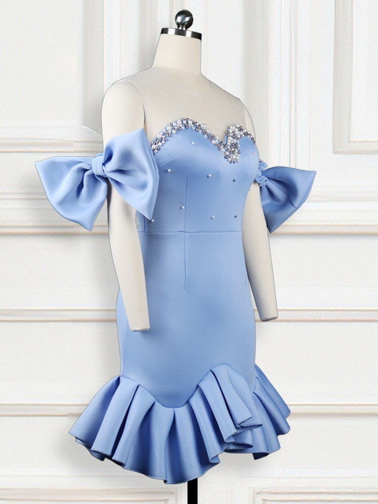 sixsr Fashion Trends Women Party Dress Ruffles Mesh Patchwork Bead Sexy with Bowtie Lovely Christmas Event Elastic Bodycon Backless Celebrate Vestido