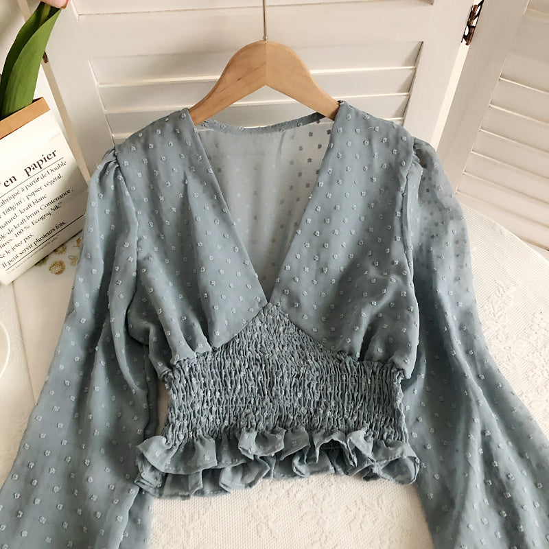 Sixsr Women Fashion Spring Women Sweet Spot Blouse Ladies Fashion Chiffon Pullover Shirt V-neck Slim Long Puff Sleeve Folds Tunic Short Top