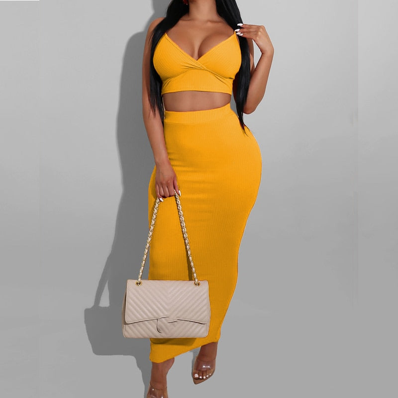 sixsr Sexy Two Piece Sets V-Neck Long Sleeve Crop Top Knitted Long Skirt Party Women Sets Wrap Club Bodycon 2 Pieces Outfits