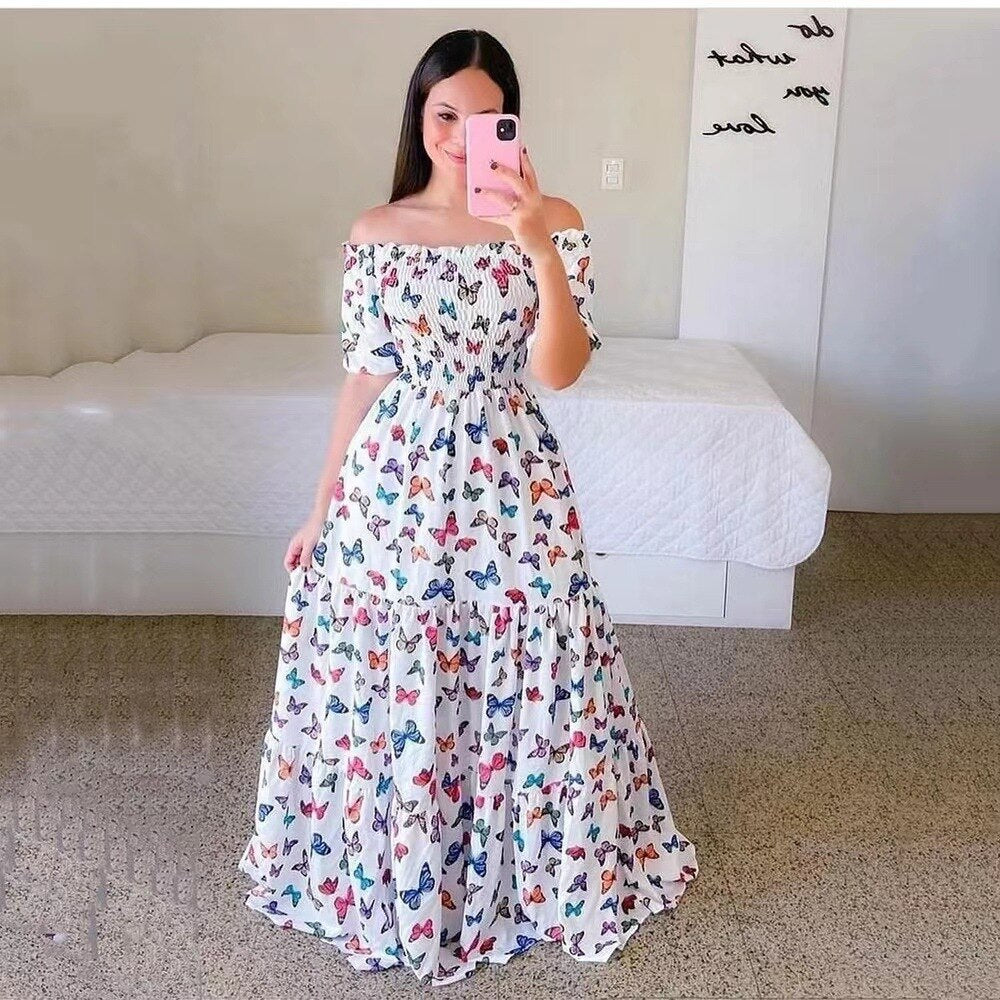 Women's Butterfly Summer Dress Tube Top Short Sleeve Ruffle Hem A Line Date Night Robes Vacation Bohemian Maxi Dresses XXXL