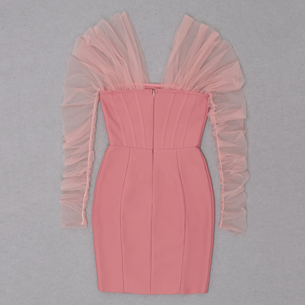 sixsr Fashion Trends Summer Women Sexy Off Shoulder Long Sleeve Backless Mesh Pink Mini Bodycon Bandage Dress Elegant Evening Club Party Dress
