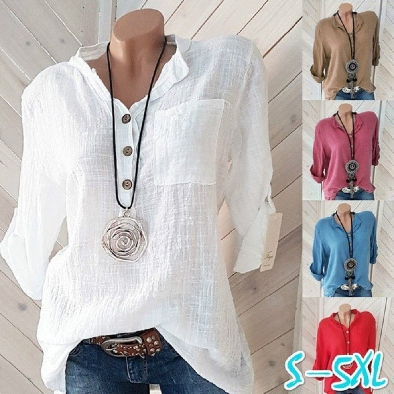 Sixsr Oversized Women Blouses Cotton Linen Blouse Autumn Shirts Casual Long Sleeve Button V Neck Loose Shirt Lady Tops Plus Size S-5XL