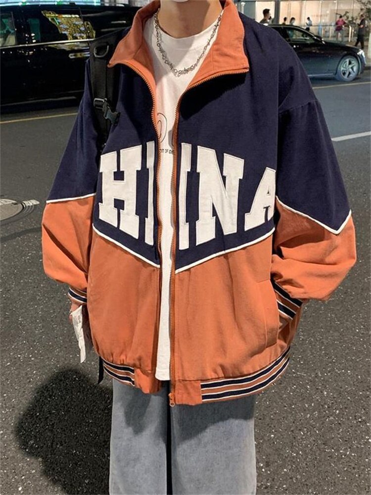 Letter retro baseball uniform jacket men's 2024SS Japan style loose contrast color casual stand collar varsity jacket unisex top