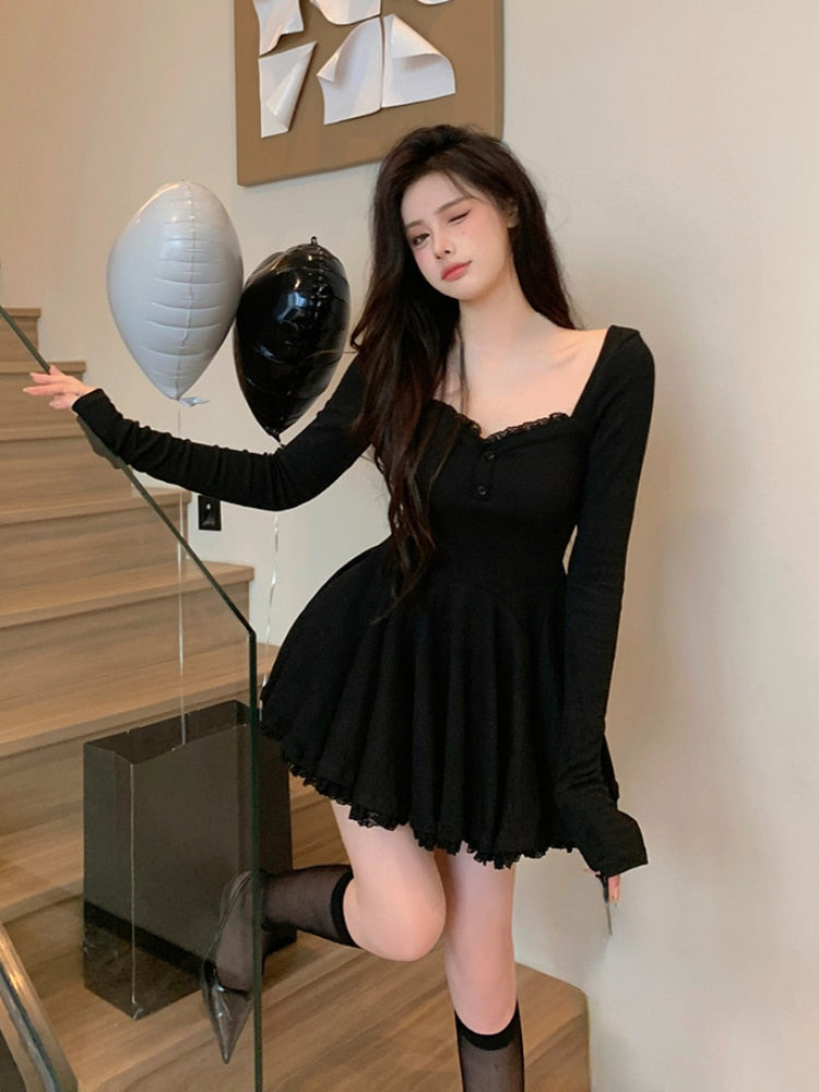 Long Sleeve Lace Mini Dress Woman Lolita Kawaii Dress Party Casual Slim Pure Color Elegant Dress Korean Style Female