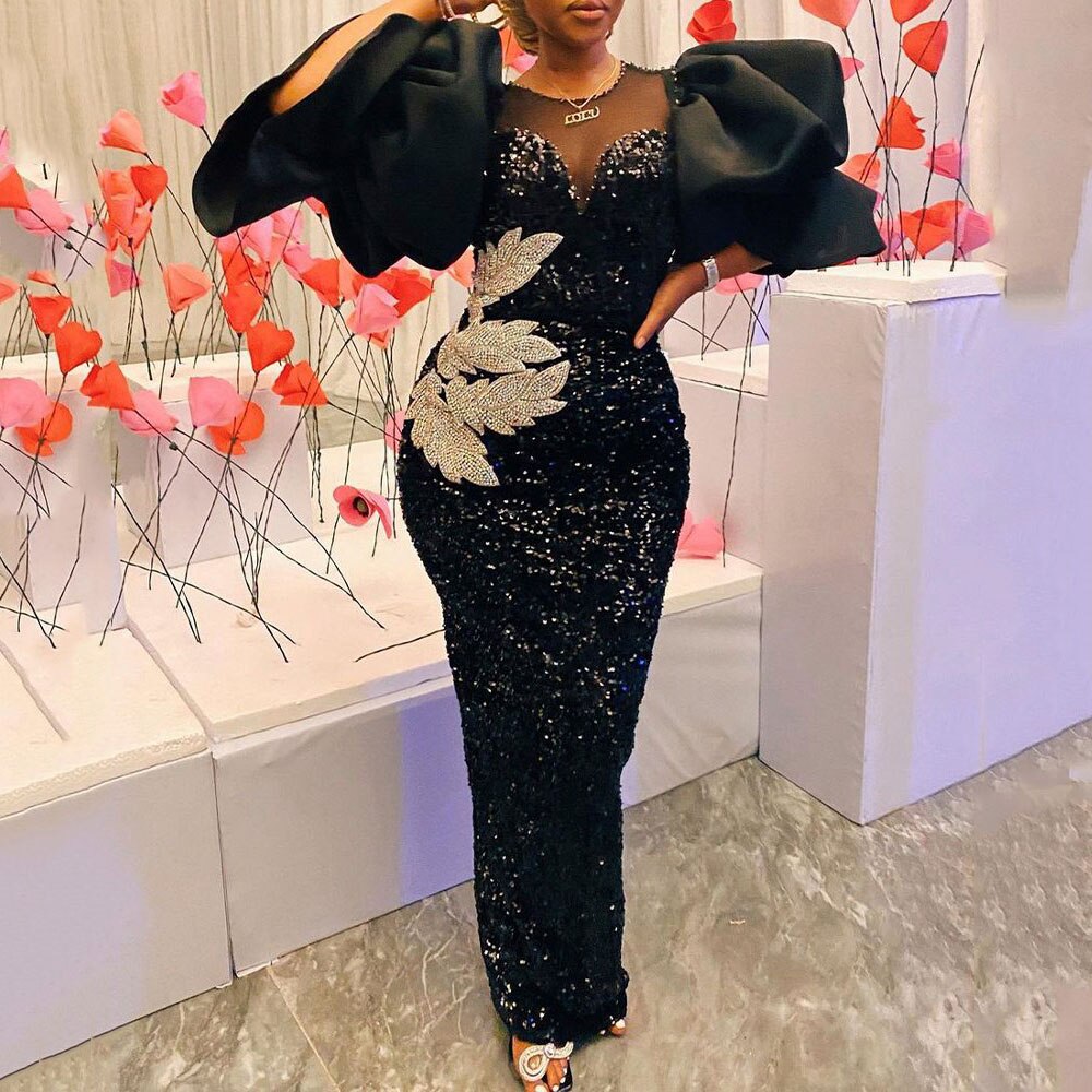 Sixsr Womens Fashion Women Black Long Dress Sequined Shiny Glitter Embroidered Chest Wrapped Puff Sleeve Classy Winter Fall Party Celebrity Birthday