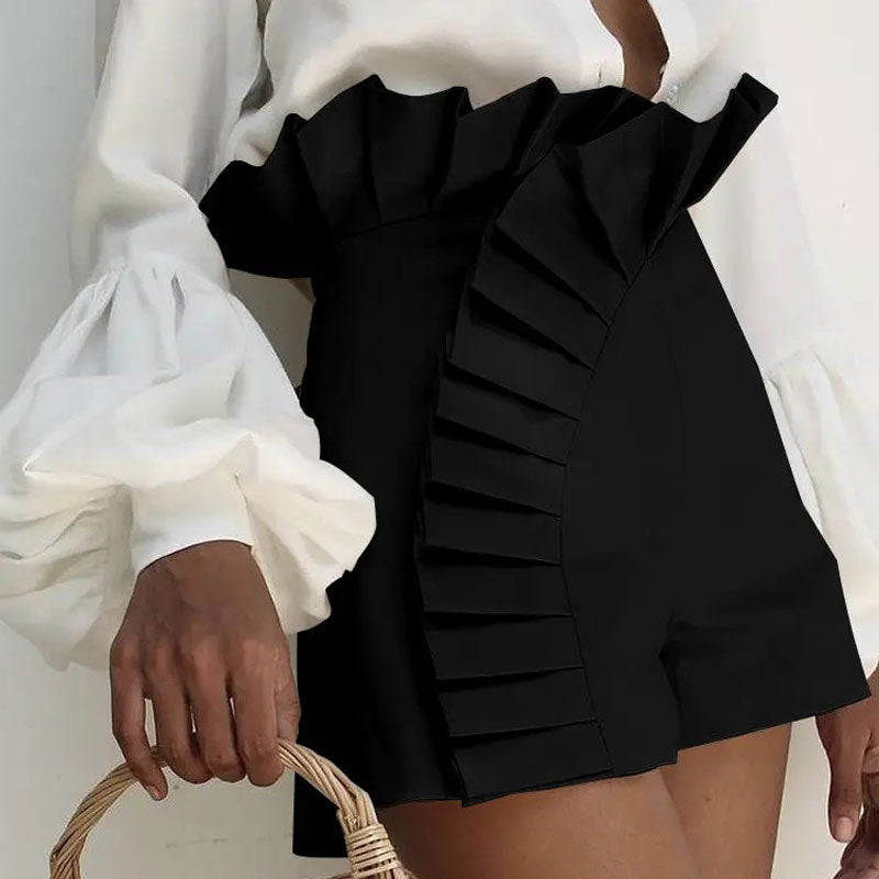 Women's Bottom Ruffle Hem Shorts Pleated High Waist Solid New Fashion Pant Elegant Summer Casual Female Clothing Outfits