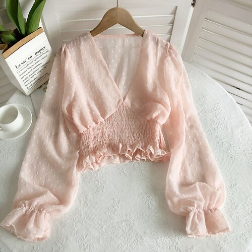 Sixsr Women Fashion Spring Women Sweet Spot Blouse Ladies Fashion Chiffon Pullover Shirt V-neck Slim Long Puff Sleeve Folds Tunic Short Top