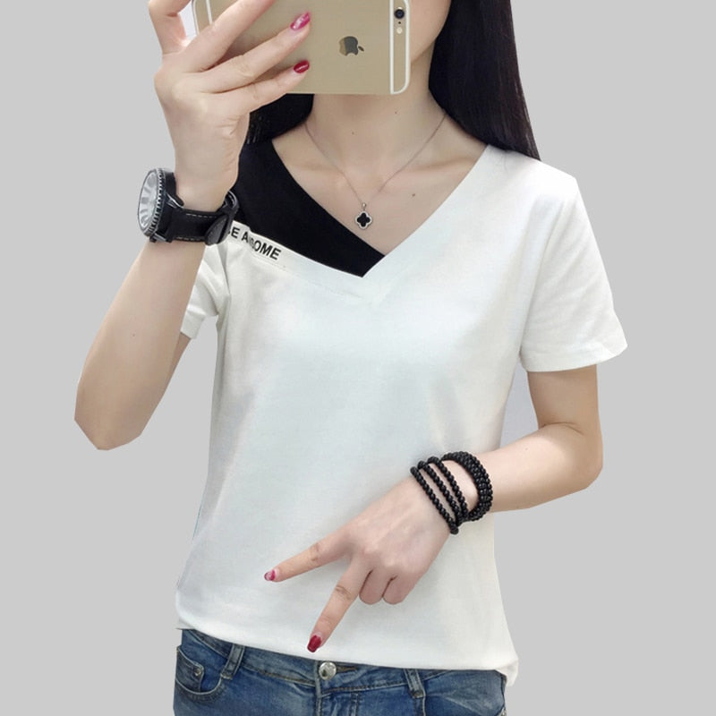sixsr Fake Two Piece Tops Women T-Shirt Off Shoulder Tshirt Short Sleeve V-Neck Korea Fashion Summer Cotton Tee Shirt Femme