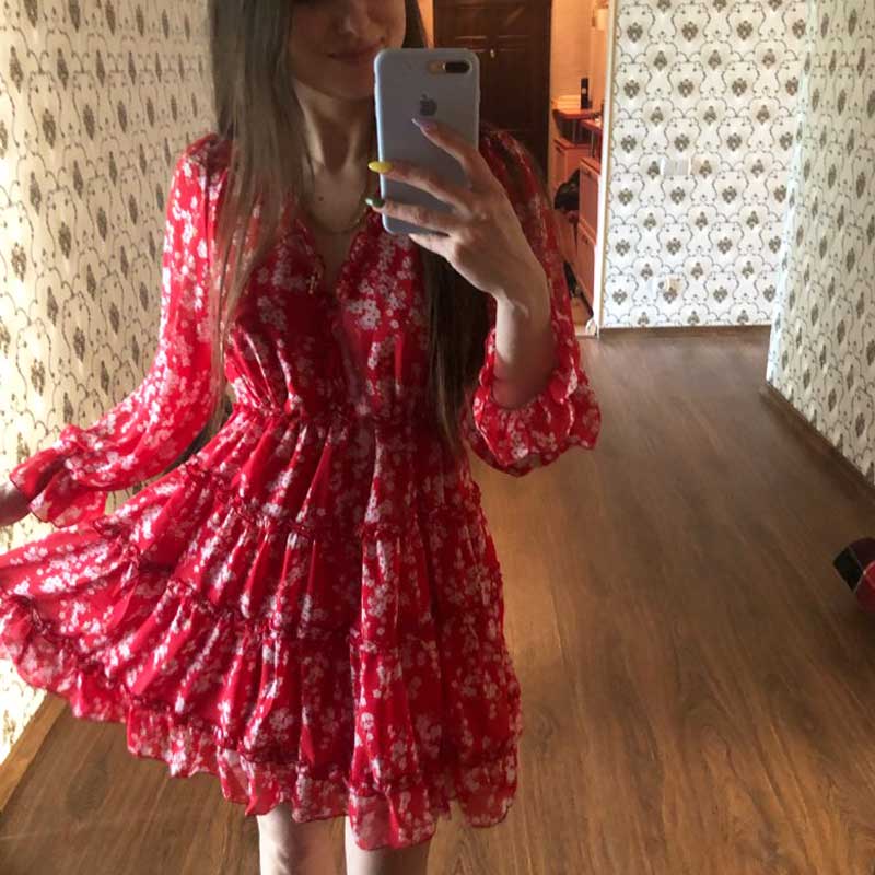 sixsr Harlow Floral Print Ruffle Dress women backless V-neck dress women mini summer dress ladies party dress
