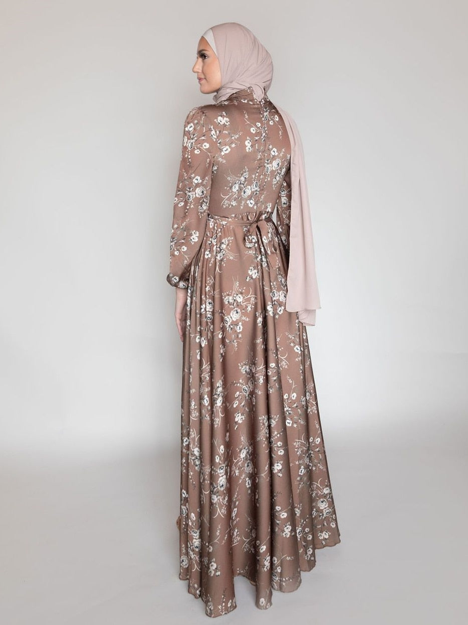 New Morocco Long Dress Muslim Women Flowers Printed Silky Long Abayas Robes Fancy Maxi Dress French Stylish Islamic Dress Belt