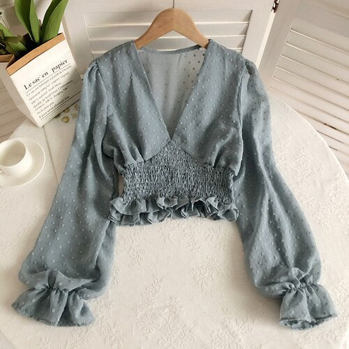 Sixsr Women Fashion Spring Women Sweet Spot Blouse Ladies Fashion Chiffon Pullover Shirt V-neck Slim Long Puff Sleeve Folds Tunic Short Top