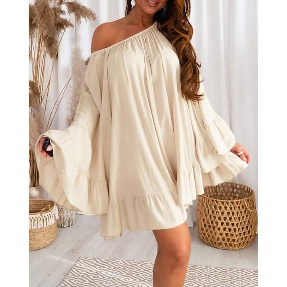 sixsr Summer Women Bell Sleeve Ruffle Hem Dress Slash Neck Mini A Line Sweet Dresses Oversized Outfits Robe Clothing